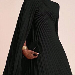 Black Elegant Women's Pleated Cape-Style Short Dress
